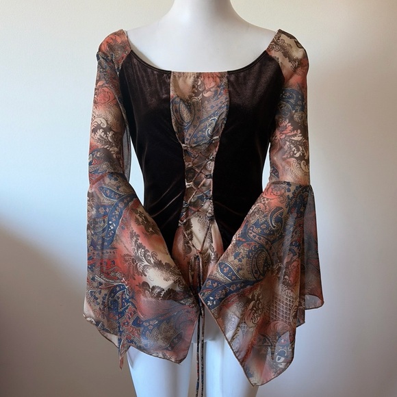 F&X Tops - F&X USA Vintage Y2K Mesh Sleeve Top Fairycore Grunge Paisley Corset Lace Up